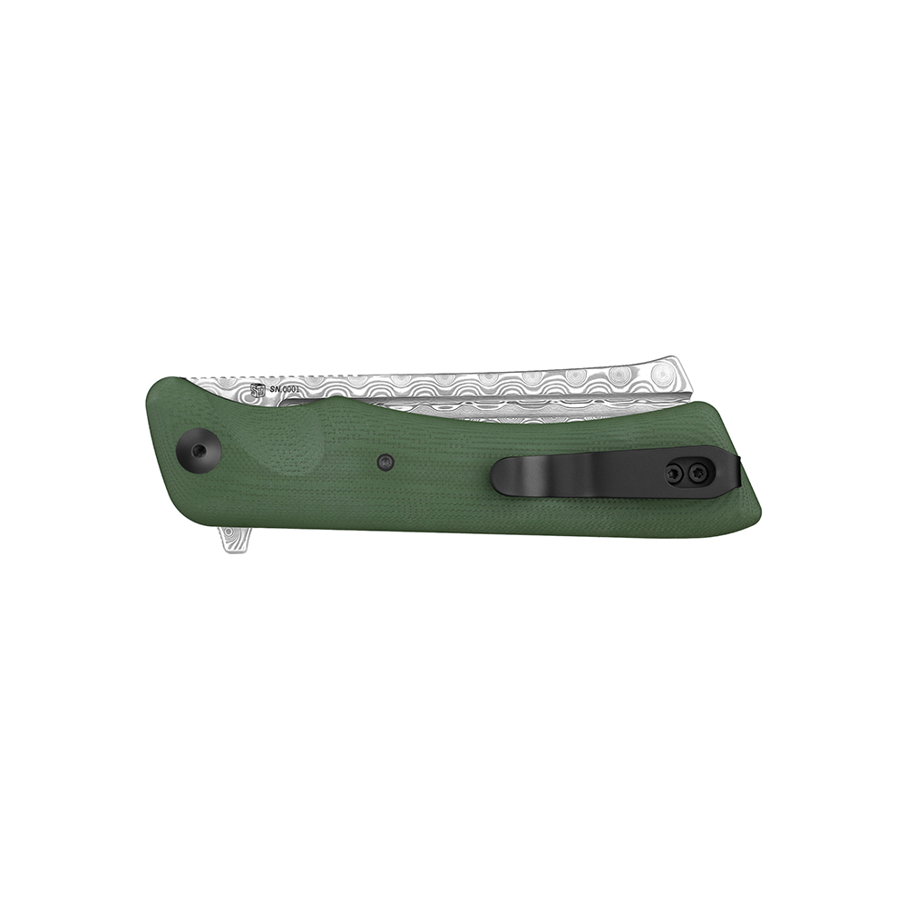 Couteau pliant de poche, lame Damas, manche vert micarta, clip de ceinture noir, SN001.