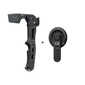 Hache pliante tactique noire multifonctionnelle avec support de téléphone magnétique Aulumu MagSafe sur fond blanc