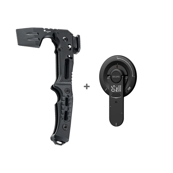 Hache pliante tactique noire multifonctionnelle avec support de téléphone magnétique Aulumu MagSafe sur fond blanc