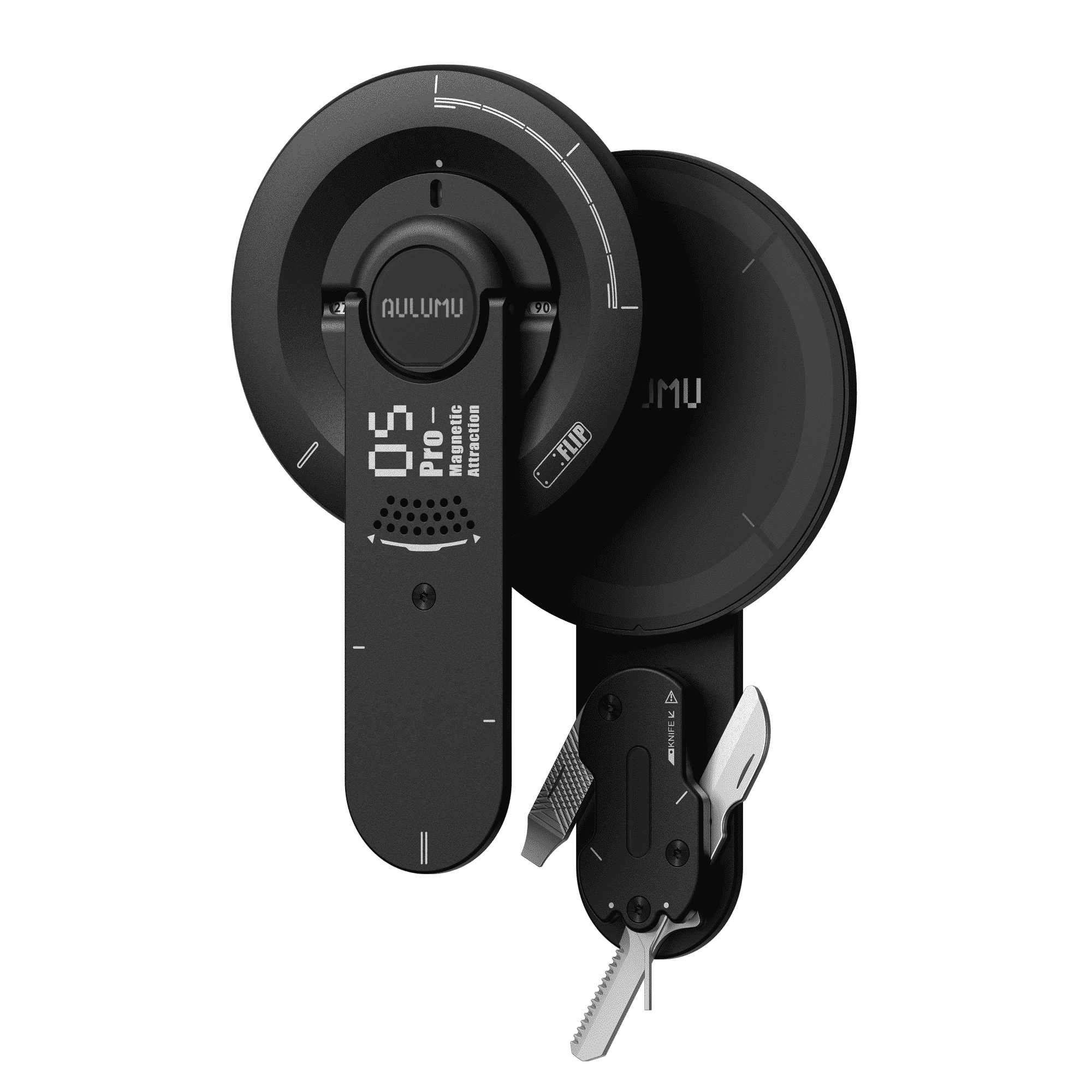 Support de téléphone magnétique Aulumu 05 Pro noir avec mini outil multifonction rotatif intégré.