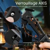 Mécanisme de verrouillage AXIS sur une hache pliable de camping avec gros plans sur le bouton de sécurité.