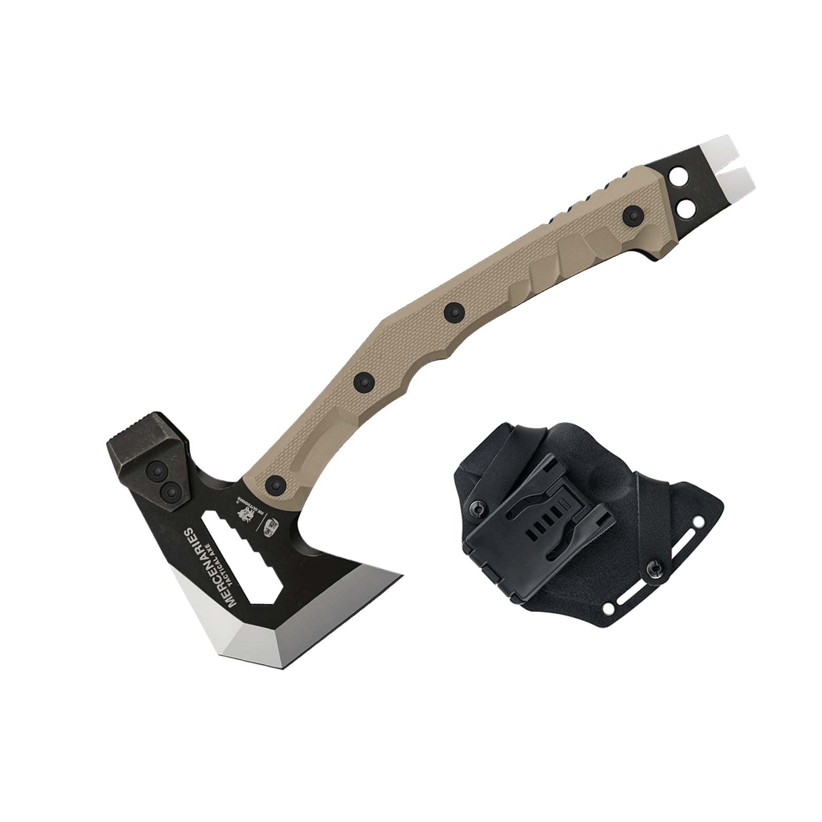 Hache tactique Mercenaries avec manche beige, pied-de-biche intégré et étui de protection noir.