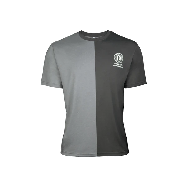T-shirt Olight bicolore gris, vue de face, avec logo et slogan "Rethink Light, Reimagine Style", pour un style décontracté.