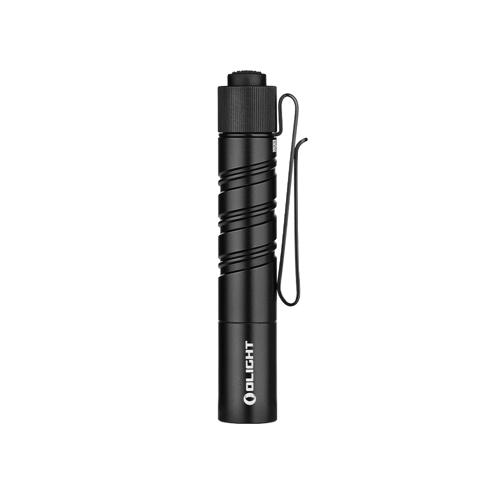 Olight I3T 2 noire vue de côté avec clip de poche et motifs de corps pour usage quotidien et extérieur