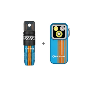 Lampes de poche Olight Oclip Pro et Seeker 4 Pro bleu et orange, vue de face, pour éclairage EDC et extérieur.