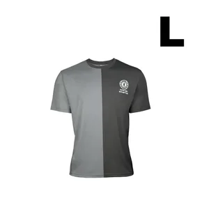 T-shirt bicolore gris clair et foncé taille L avec logo imprimé poitrine sur fond blanc
