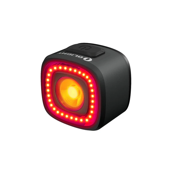 Éclairage arrière de vélo Olight noir avec anneau lumineux LED rouge et centre orange brillant sur fond blanc