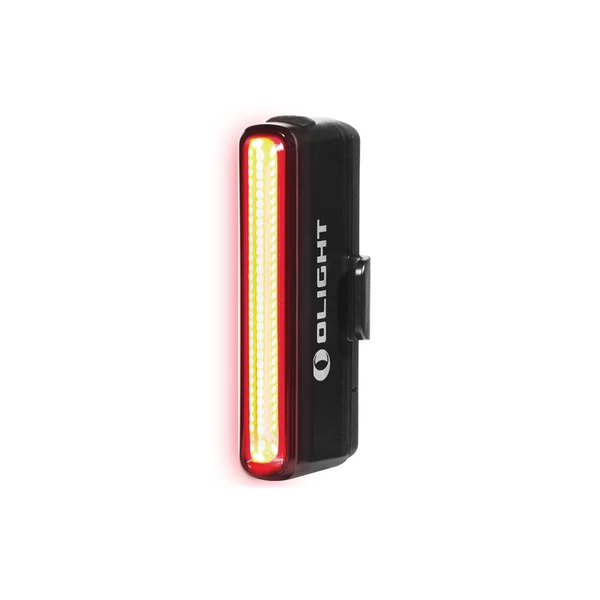 Éclairage arrière de vélo Olight à LED rouge et blanche brillante sur fond blanc