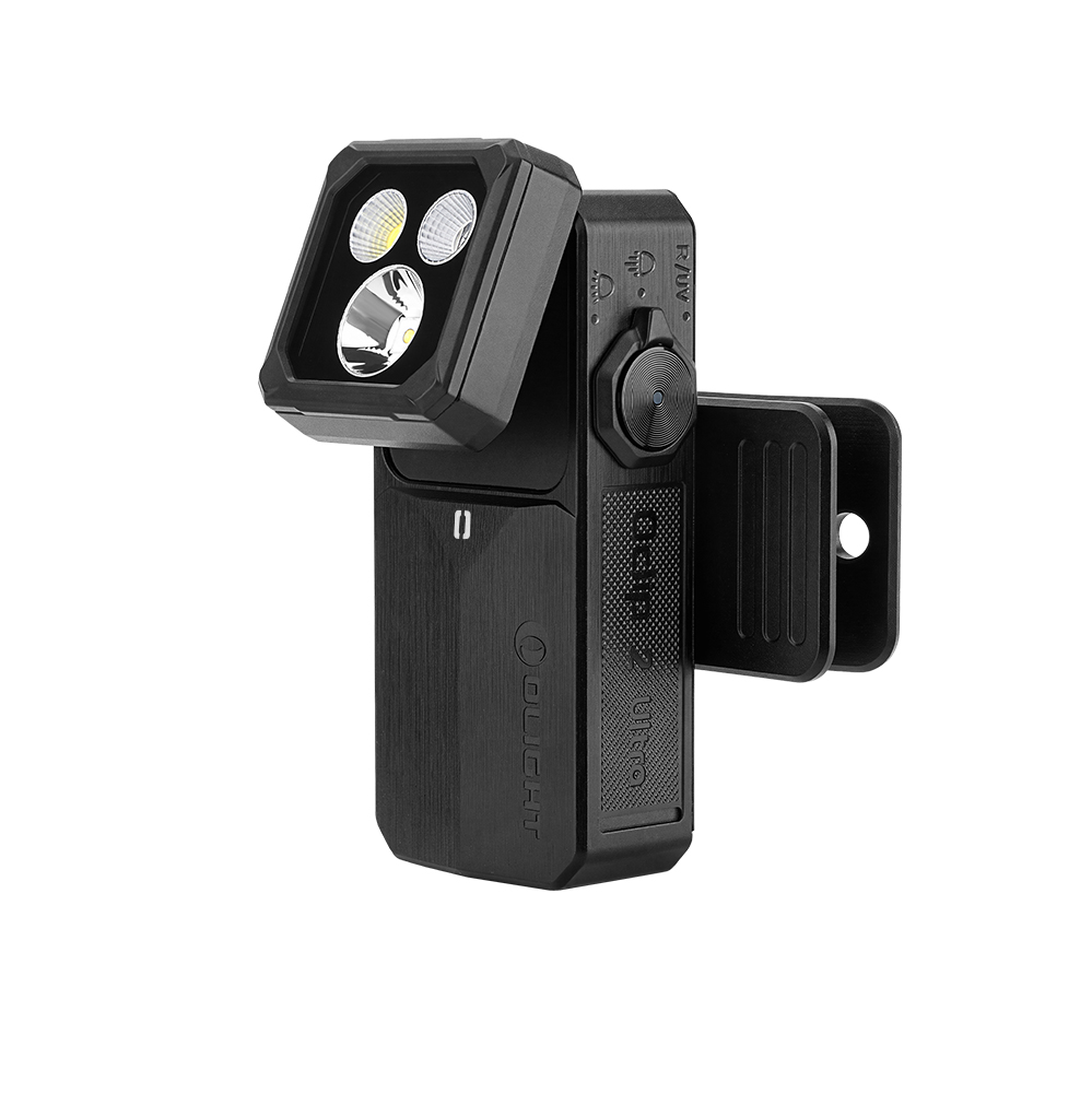 Lampe clip de poche noire Olight Oclip 2 Ultra Premium de profil avec tête orientable et LED puissantes pour EDC