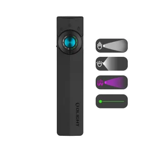 Lampe de poche Olight ArkPro noire vue de face avec indicateurs de modes LED, lumière UV et laser vert pour EDC.