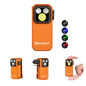Olight Oclip Pro orange vue de face, lampe de poche LED COB rechargeable compacte pour un éclairage mains libres.