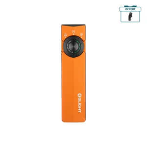 Lampe de poche Olight ArkPro Lite orange de face avec indicateur de lumière blanche, rouge et UV pour le camping EDC