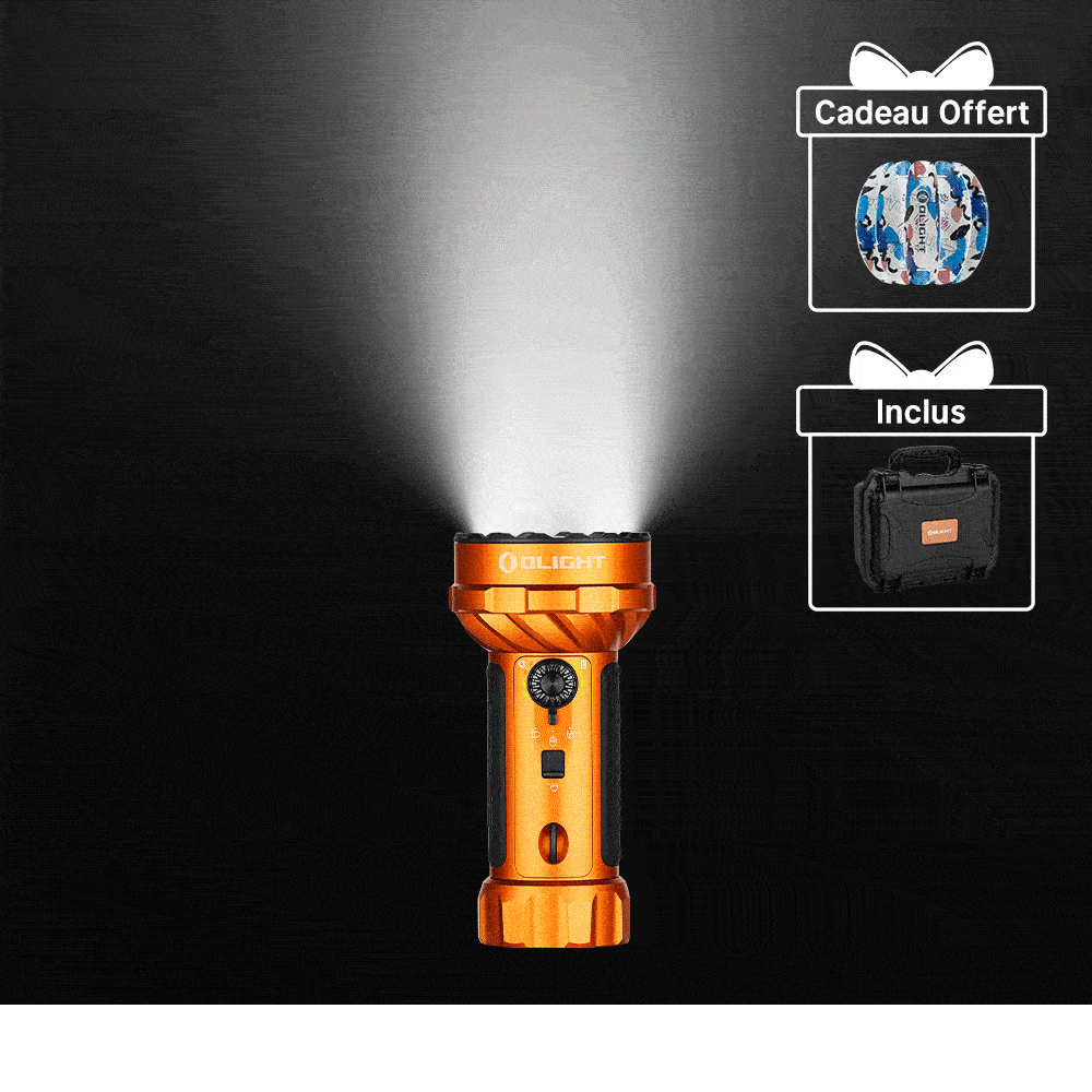 Olight Marauder Mini 2 orange, vue latérale, faisceau lumineux puissant, torche rechargeable pour la chasse et le camping.