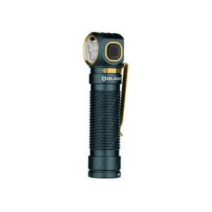 Lampe frontale Olight Perun 2 Mini verte, corps texturé, clip de poche et bords dorés.