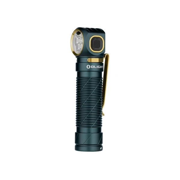Lampe frontale Olight Perun 2 Mini verte, corps texturé, clip de poche et bords dorés.