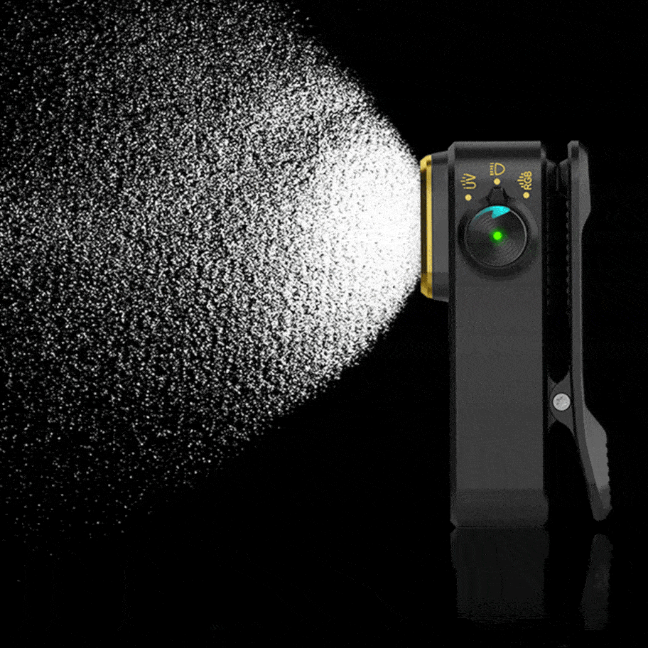 Olight Oclip Pro S noir de profil avec faisceau lumineux éclatant, idéal pour l'extérieur et l'inspection