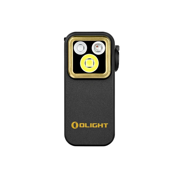 Olight Oclip Pro noire avec bordure dorée, vue de face, lampe de poche EDC à clip pour un éclairage mains libres.
