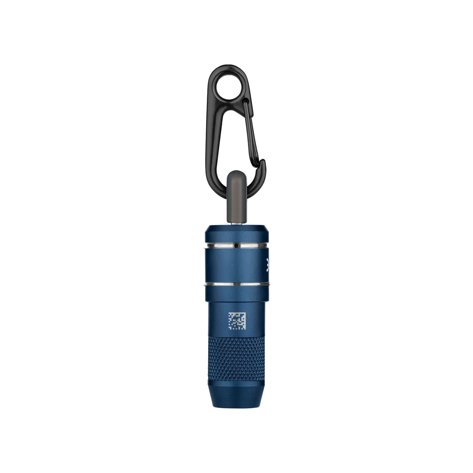 Mousqueton de camping noir fixé à une capsule métallique bleue à texture losange