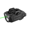 Lampe tactique Olight noire avec faisceau laser vert intégré pour arme, sur fond noir.
