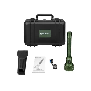 Lampe torche Olight Javelot Pro 2 verte avec étui, chargeur, manuel d'utilisation et mallette de rangement.