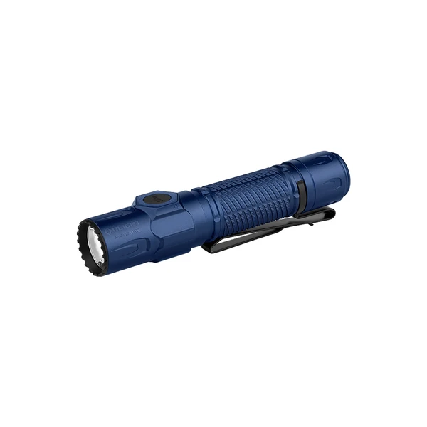 Lampe de poche Olight Warrior Ultra bleue vue latérale avec clip de poche pour l'éclairage tactique et extérieur.