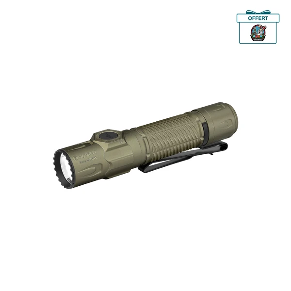 Olight Lampe torche LED Warrior Ultra verte vue de côté pour une utilisation tactique et quotidienne.