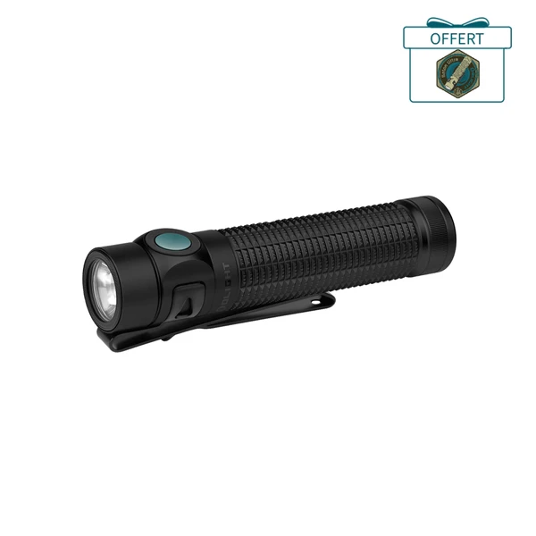 Olight Baton 4 Pro noire avec clip, lampe de poche EDC rechargeable pour usage quotidien et extérieur.