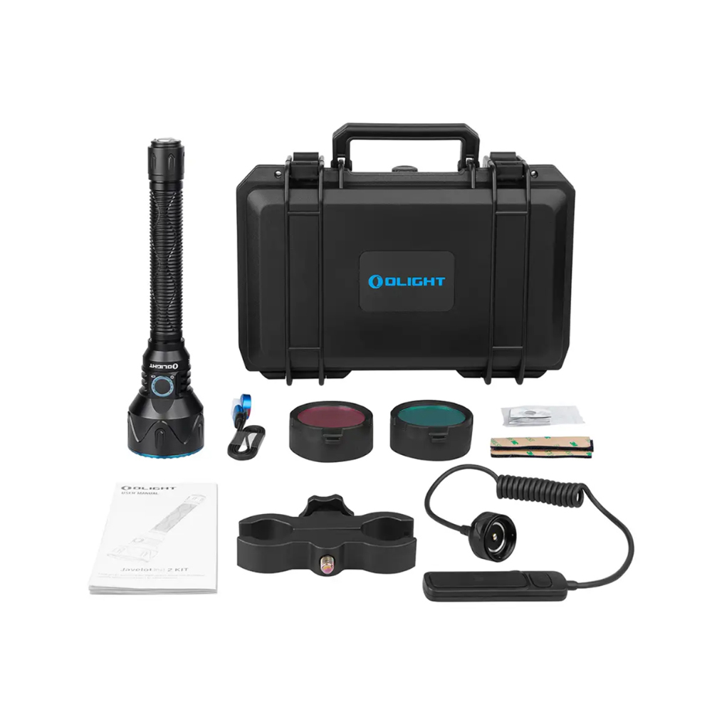Kit lampe torche tactique Olight Javelot Pro 2 avec mallette de transport rigide, filtres colorés et accessoires.