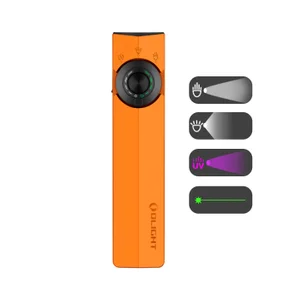 Lampe torche orange Olight ArkPro de face avec ses fonctions d'éclairage LED, UV et laser vert pour le quotidien