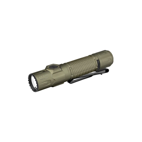 Olight Lampe torche LED Warrior Ultra verte vue de côté pour une utilisation tactique et quotidienne.