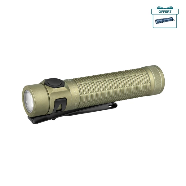 Lampe de poche EDC Olight Baton Ultra vert olive de profil avec clip de poche noir et corps moleté antidérapant
