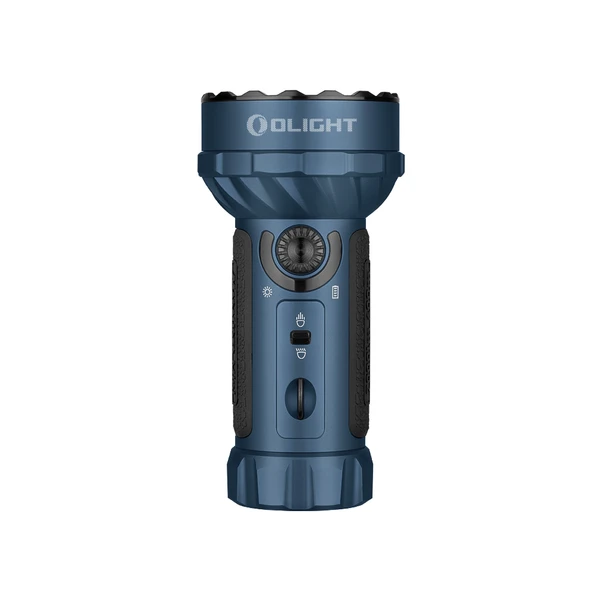Lampe torche Olight MARAUDER MINI bleue vue de côté avec faisceau de couleurs pour la chasse ou la spéléologie
