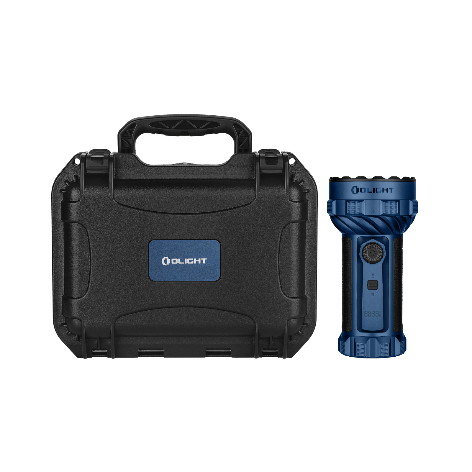 Lampe torche puissante Olight bleue avec sa mallette de transport rigide noire sur fond blanc.