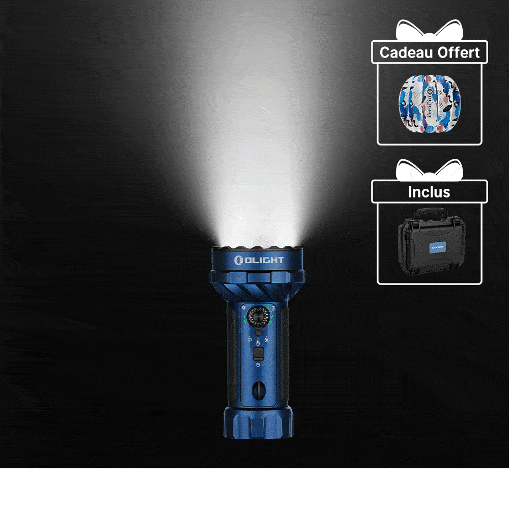 Olight Marauder Mini 2 bleue avec faisceau lumineux, vue de face, pour éclairage extérieur ou tactique.