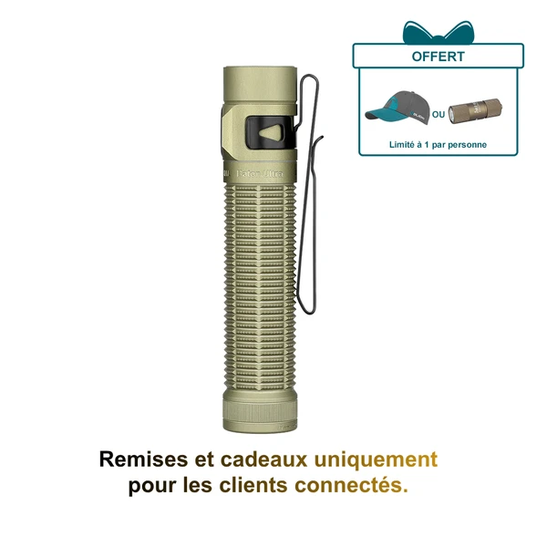 Olight Lampe de poche Baton Ultra couleur olive avec clip de poche pour l'éclairage extérieur.