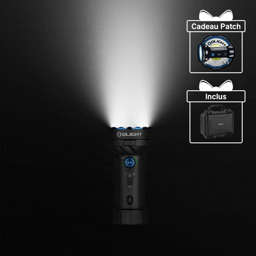 Olight Marauder Mini 2 noire avec faisceau lumineux puissant pour activités extérieures et d'urgence, inclus étui de transport et bracelet cadeau.