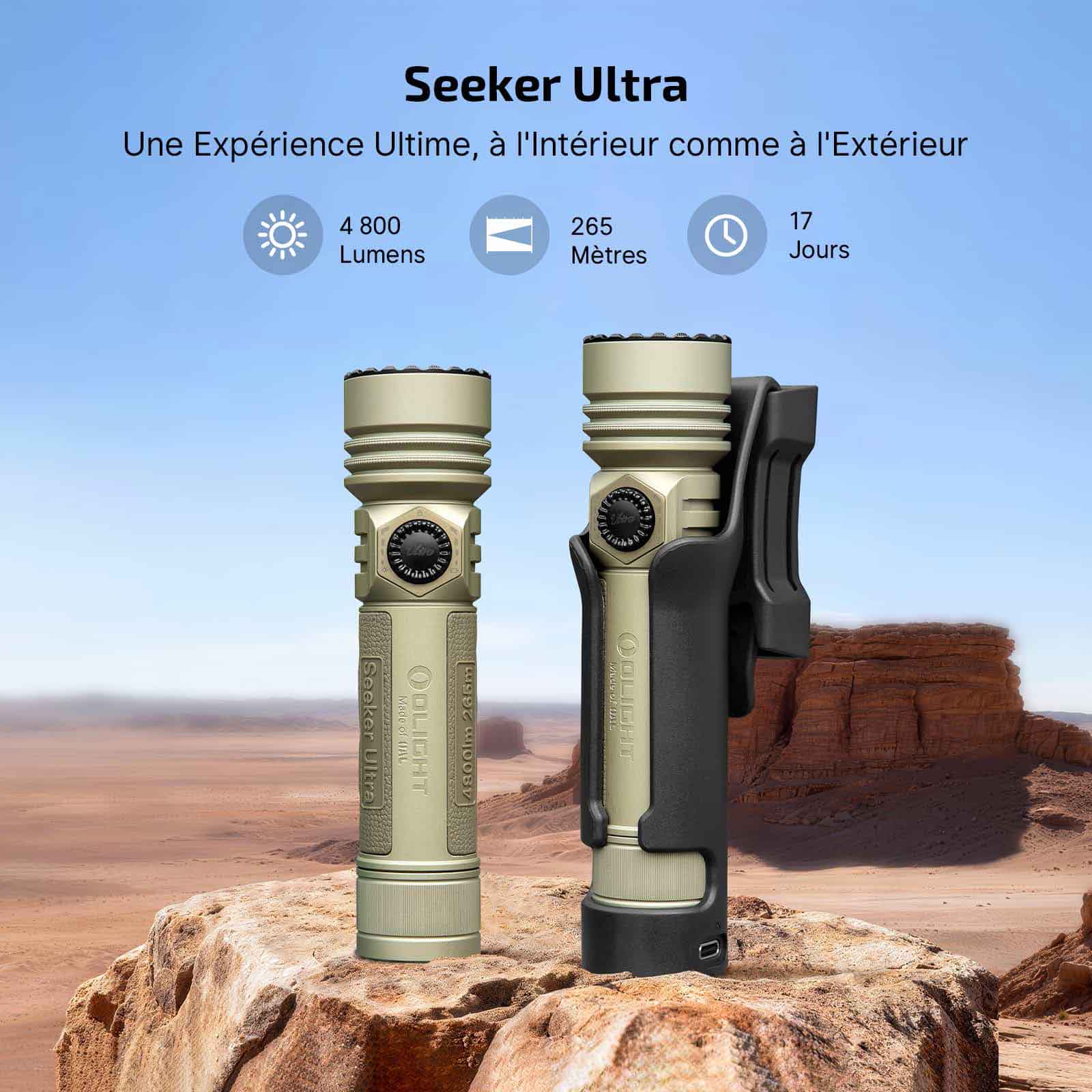 Lampe de poche Olight Seeker Ultra beige avec étui, puissance 4800 lumens pour camping et activités outdoor en désert