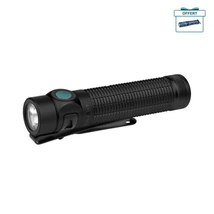 Olight Baton 4 Pro noire avec clip, lampe de poche EDC rechargeable pour usage quotidien et extérieur.
