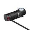 Olight PERUN 2 MINI noire de côté avec chargeur magnétique pour usage mains libres et éclairage polyvalent.
