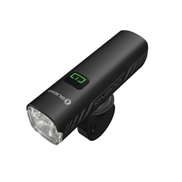 Éclairage avant vélo Olight RN 800 noir rechargeable puissant avec bouton indicateur LED vert sur fond blanc
