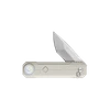 Couteau de poche multifonction beige avec lame semi-ouverte et lampe de poche LED intégrée sur fond noir