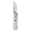 Couteau de poche pliant Oknife beige avec clip de poche métallique sur fond noir