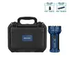 Lampe torche puissante Olight bleue avec sa mallette de transport rigide noire et ses accessoires offerts