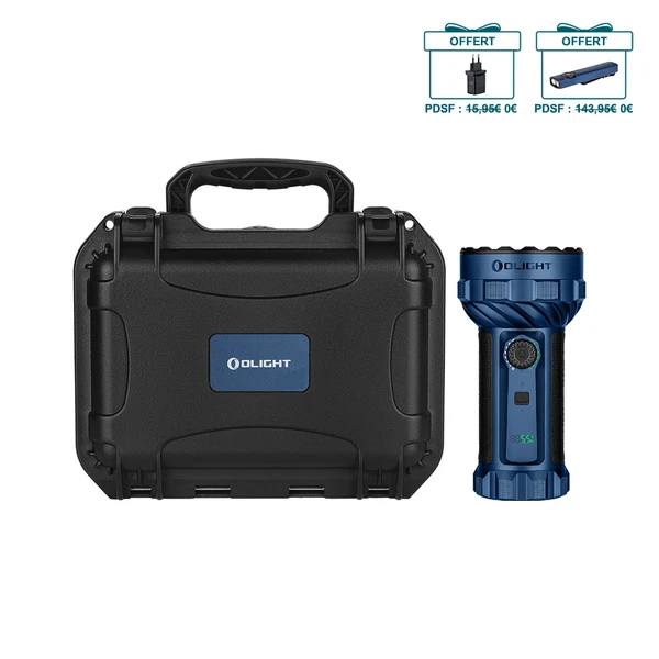 Lampe torche puissante Olight bleue avec sa mallette de transport rigide noire et ses accessoires offerts
