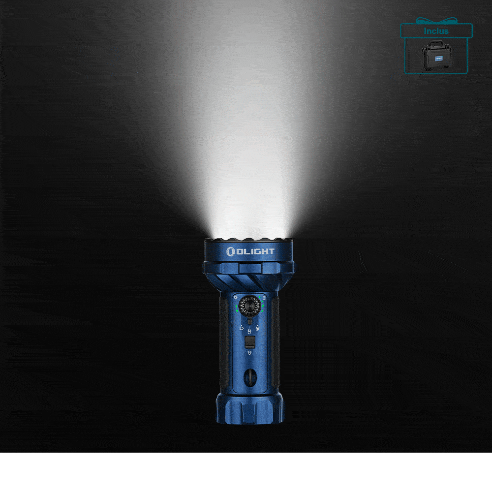 Olight Marauder Mini 2 bleue avec faisceau lumineux, vue de face, pour éclairage extérieur ou tactique.