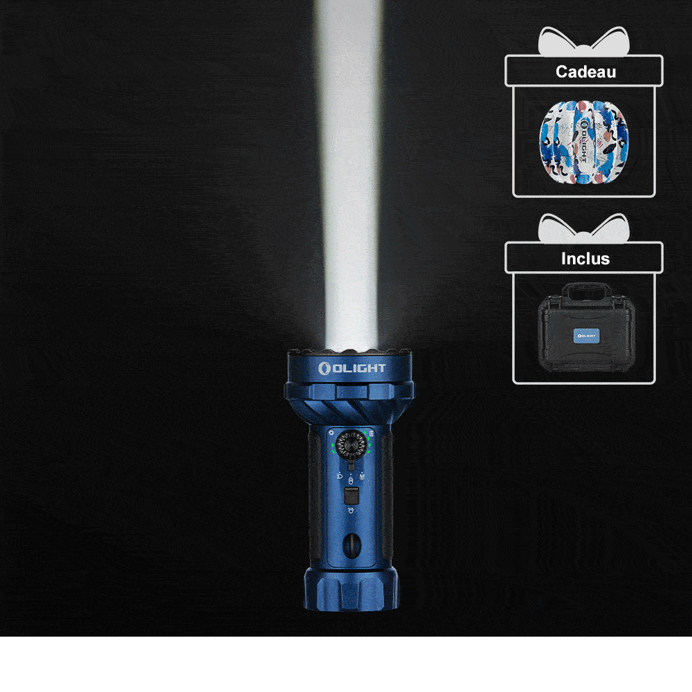 Olight lampe de poche Marauder Mini 2 bleue avec faisceau lumineux et coffret de rangement pour éclairage extérieur