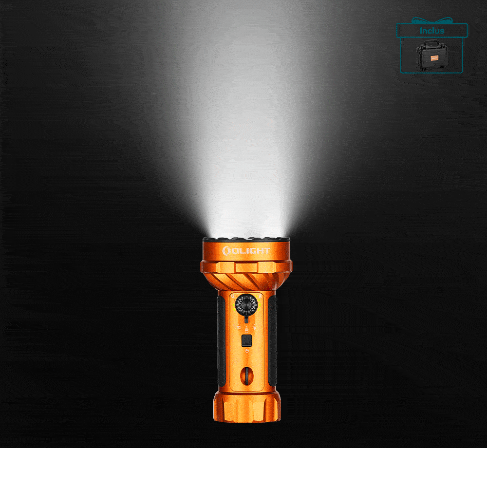 Olight Marauder Mini 2 orange, vue latérale, lampe torche compacte et puissante pour l'extérieur