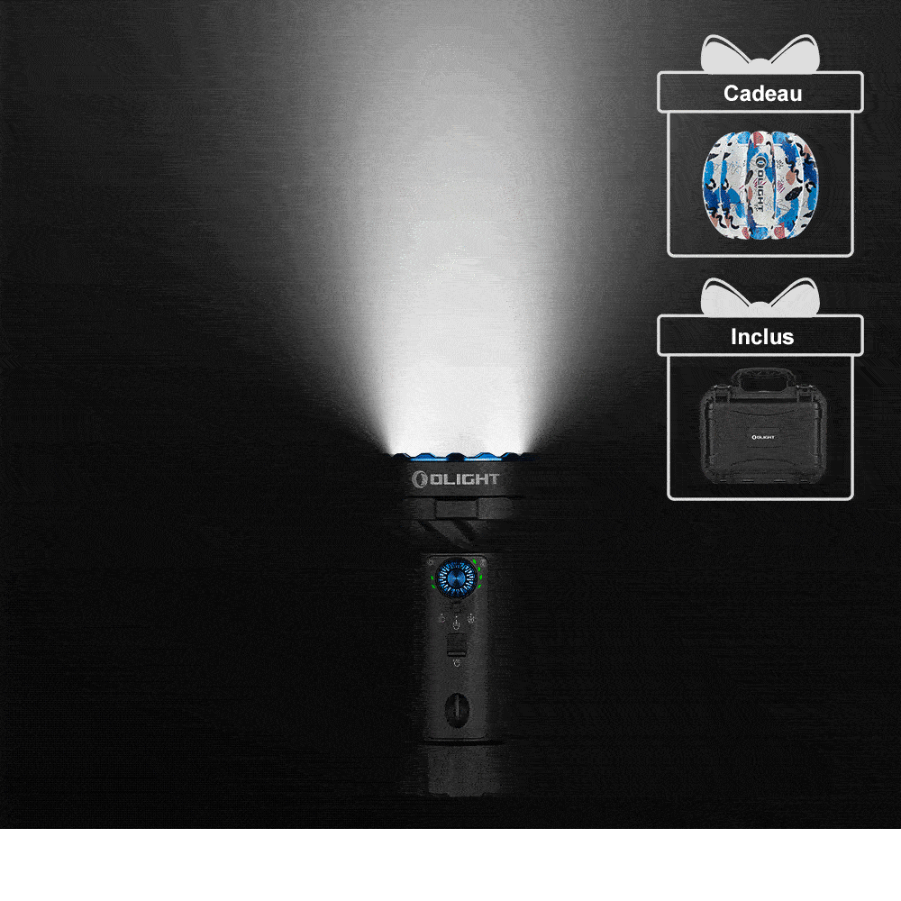 Olight Marauder Mini 2 noire avec faisceau lumineux puissant pour éclairage extérieur ou d'urgence.