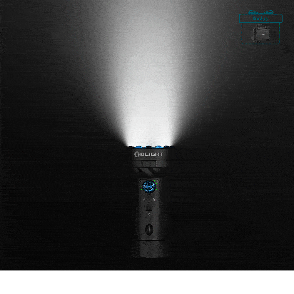 Olight Marauder Mini 2 noire avec faisceau lumineux puissant pour activités extérieures et sécurité.