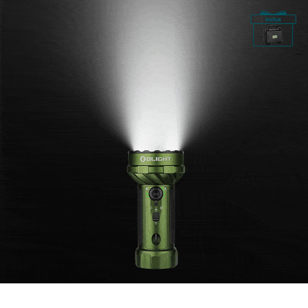 Lampe torche Olight Marauder Mini 2 verte allumée de face avec faisceau lumineux puissant pour recherche et outdoor